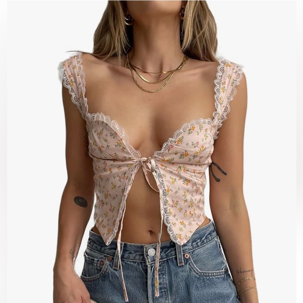 Y2K floral tie front crop top camisole small